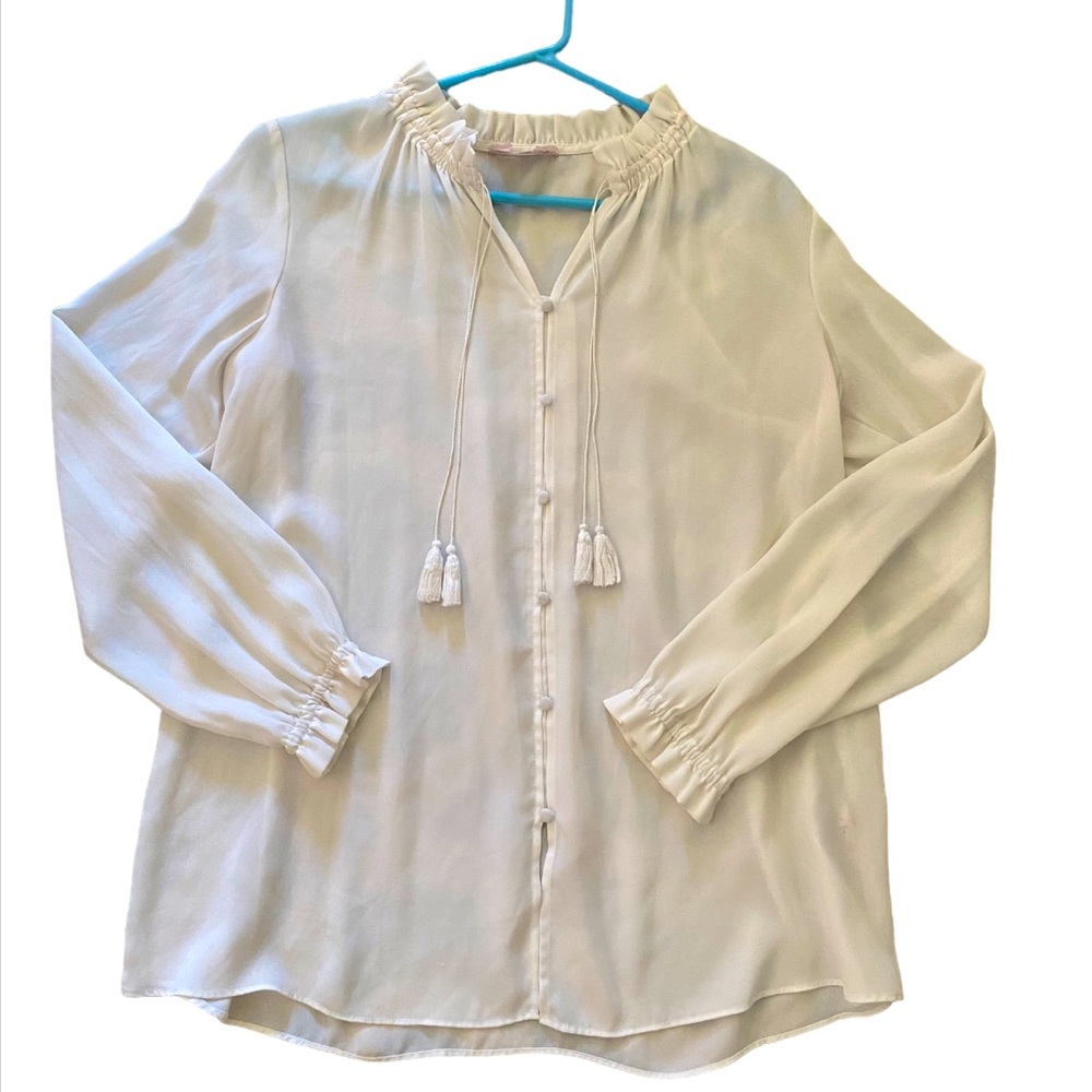 Nanette Lepore Ivory Ruffled Tassel Blouse Material Covered Buttons